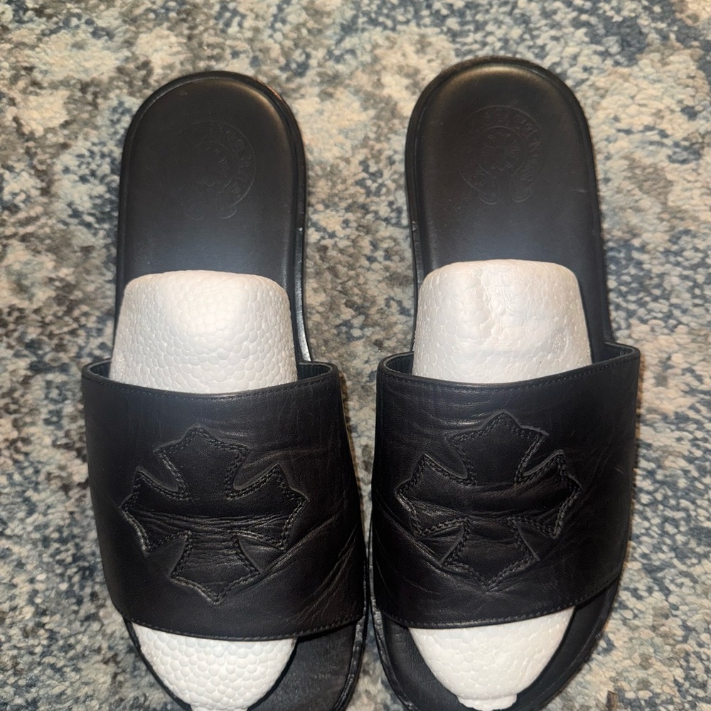 Authentic Chrome Hearts Black Leather Slides